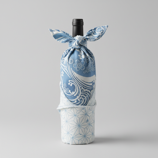 Furoshiki Geschenktuch blau weiss eine Seite weiss blau die zweite Seite mit blockprinting bedruckt Grösse 100x100ccm, Tuch dargestellt verpackte Weinflasche