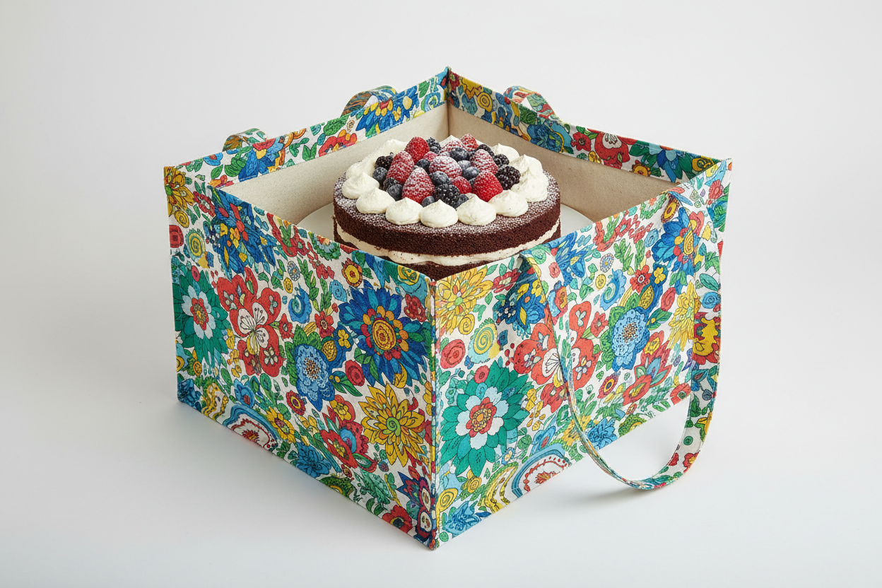 bunte bedruckter Baumwollstoff  tasche quadratisch 40x40x40 mit zwei Tragehenkel 90cm lang oben offen sichtbar eine runde Torte