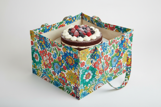 bunte bedruckter Baumwollstoff  tasche quadratisch 40x40x40 mit zwei Tragehenkel 90cm lang oben offen sichtbar eine runde Torte