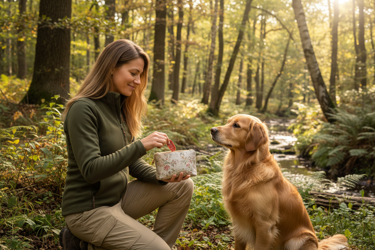 Frau mit Hund in der Natur übergibt aus kleiner Kosmetiktasche 10x6cm ein Leckerli zum fressen an Hund