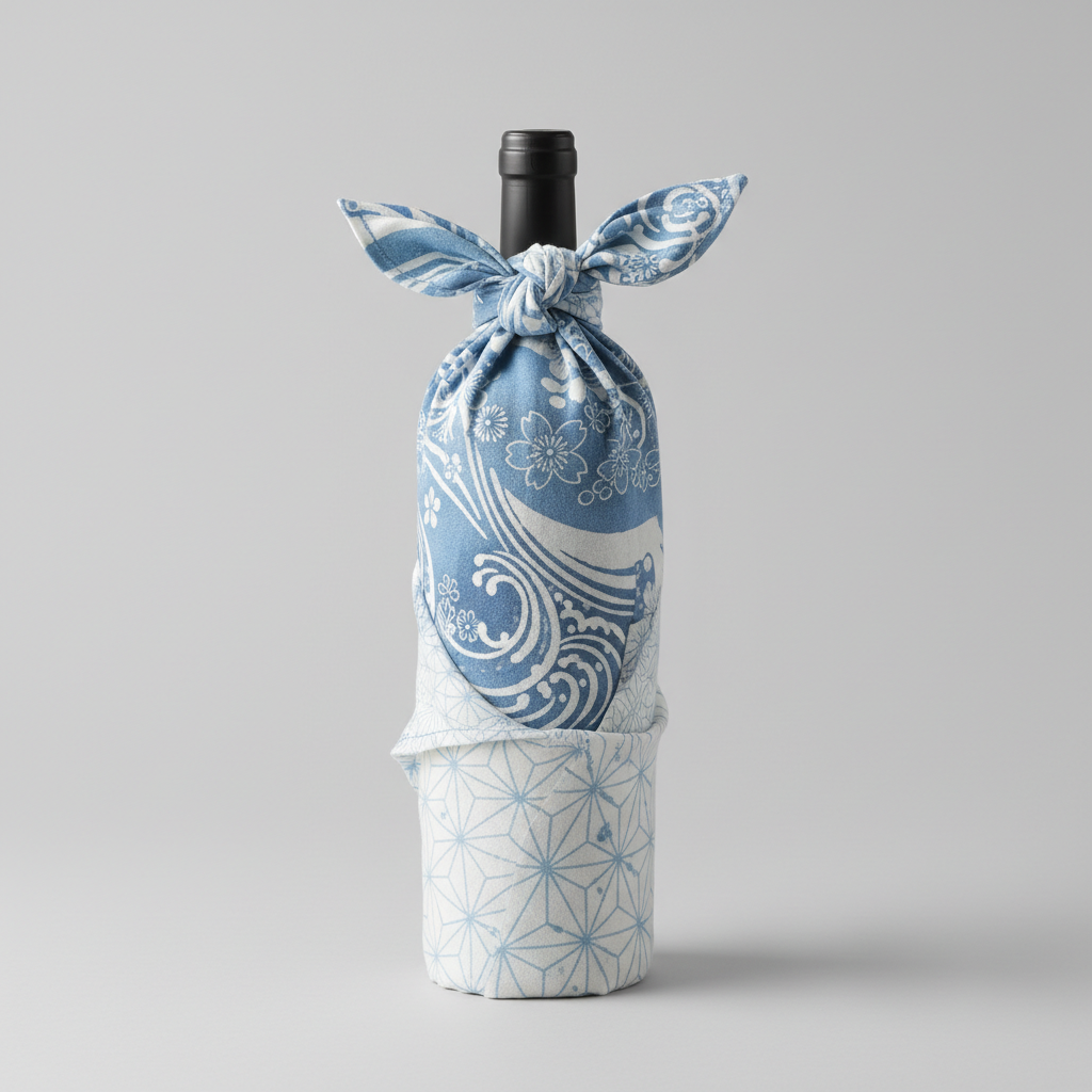 Furoshiki Geschenktuch blau weiss eine Seite weiss blau die zweite Seite mit blockprinting bedruckt Grösse 100x100ccm, Tuch dargestellt verpackte Weinflasche