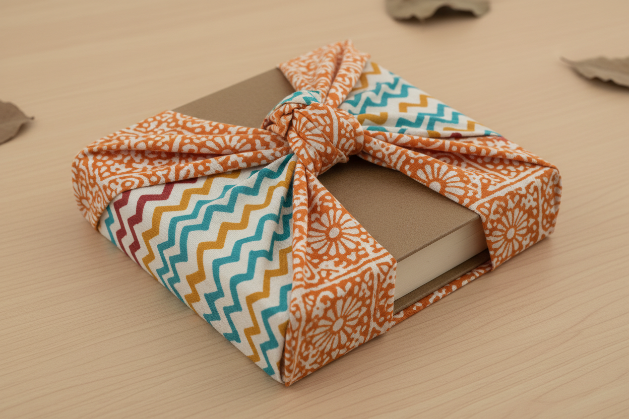 Furoshiki Geschentuch 100x100cm Zweiseitige mit Blockprinting unterschiedlich bedruckt, Vorderseite  orange weiss, Hinterseite weiss mit dreifarbiger Zickzacklinie, dargestellt mit eingepacktem Buch 