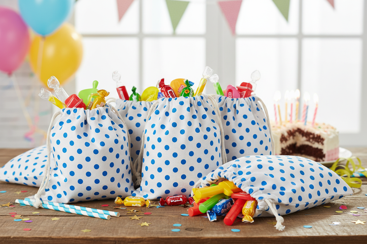 Kindergeburtstag mit Zuziehbeutel textil weiss mit Blauen punkten für Gyv a ways 