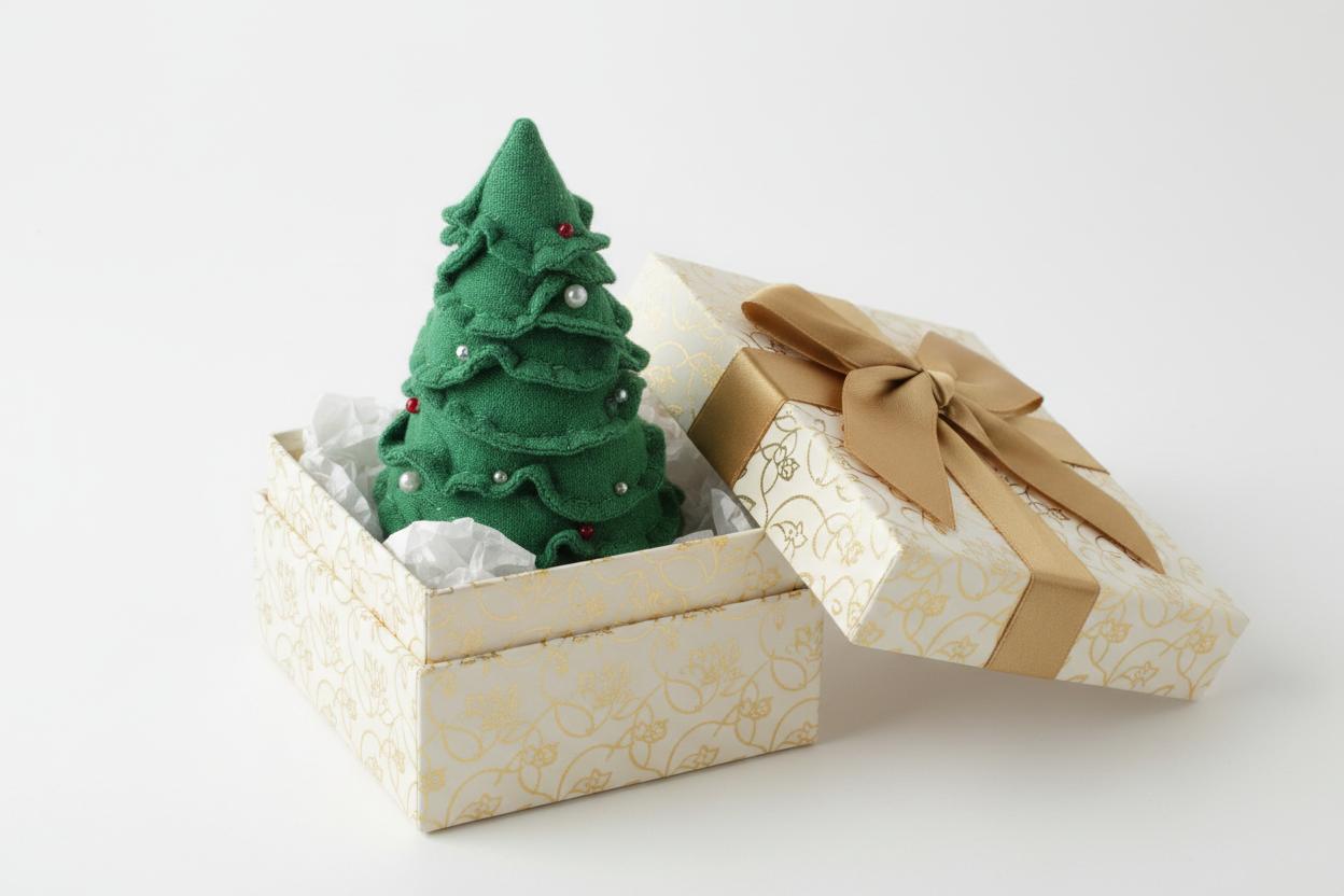 Kleiner textiler Weihnachtsbaum in Geschenkschachtel
