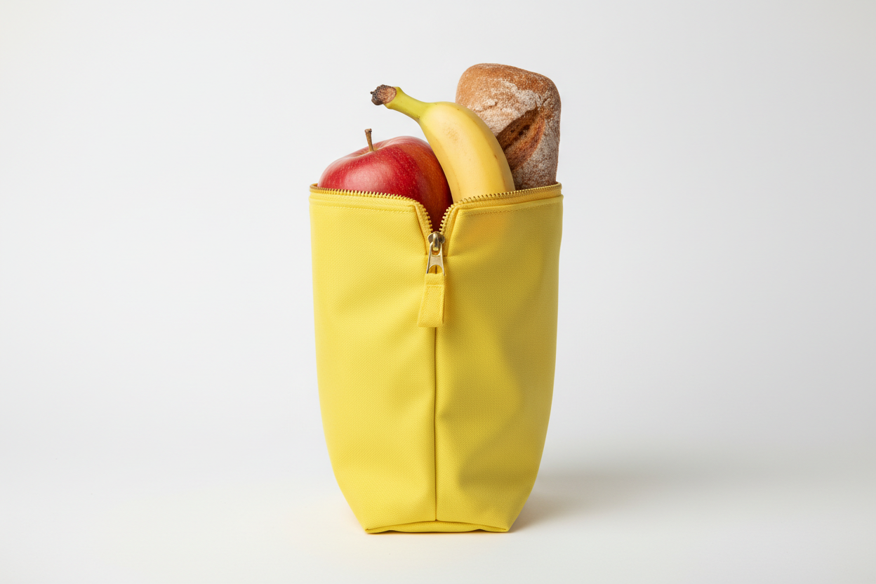 Reissverschlussbeutel aus gelbem Polyesterstoff oben offen mit Apfel, Banane und Znünibrot Seitliche Ansicht