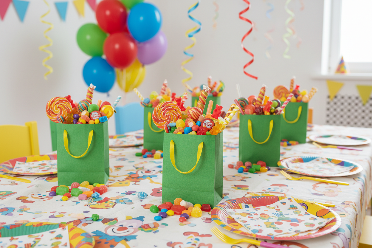 Taschen grün aussen, gelb innen gefüllt mit Süssigkiten Grösse 9x12cm mit gelben Henkeln zum tragen, steht auf Dekoriertem Kindergeburtstagstisch bei jedem Gedeck