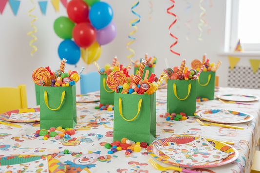 Taschen grün aussen, gelb innen gefüllt mit Süssigkiten Grösse 9x12cm mit gelben Henkeln zum tragen, steht auf Dekoriertem Kindergeburtstagstisch bei jedem Gedeck