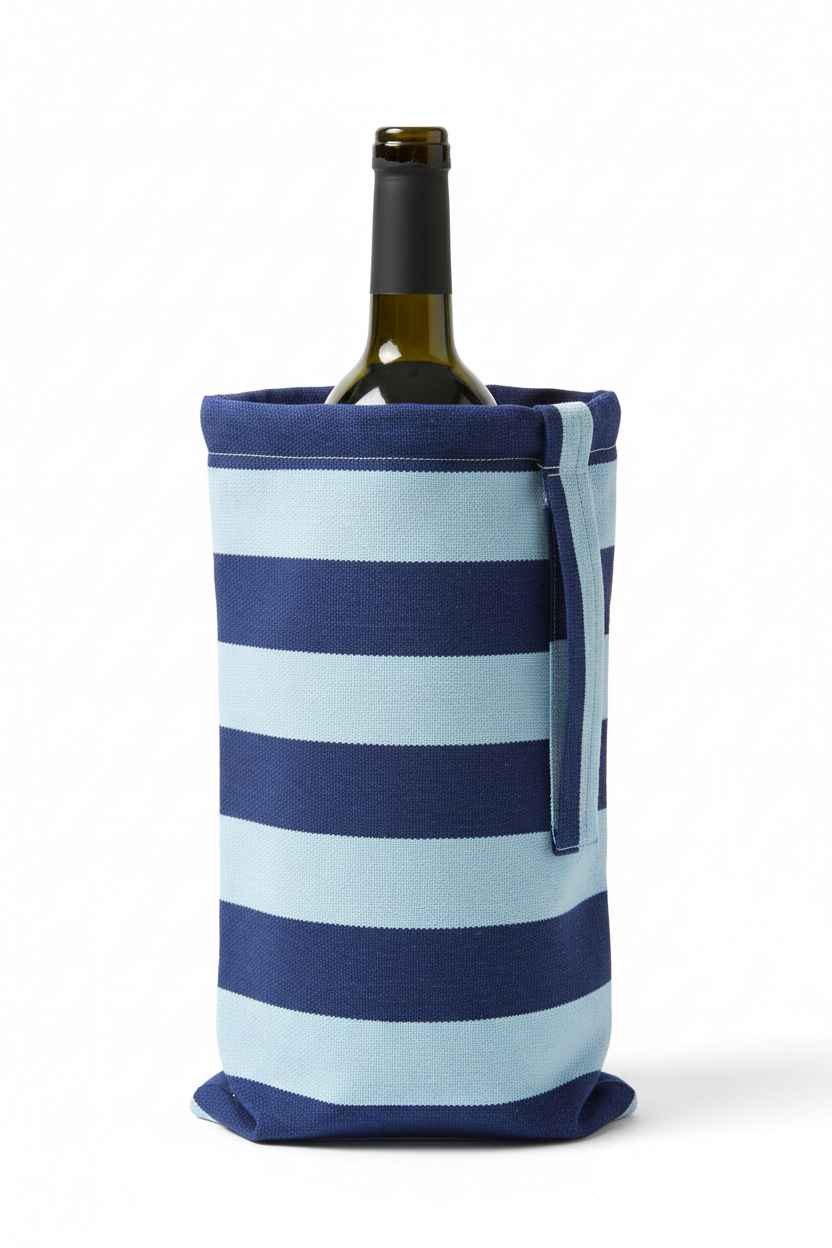 Textiler Beutel oben offen, blau und hellblaue Querstreifen. 15x36 cm gross. 10x3cm Schlaufe an rechter Seite angenäht Inhalt Weinflasche